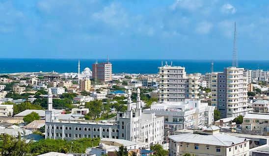 Coastal Somali apartment district with residential buildings near the sea